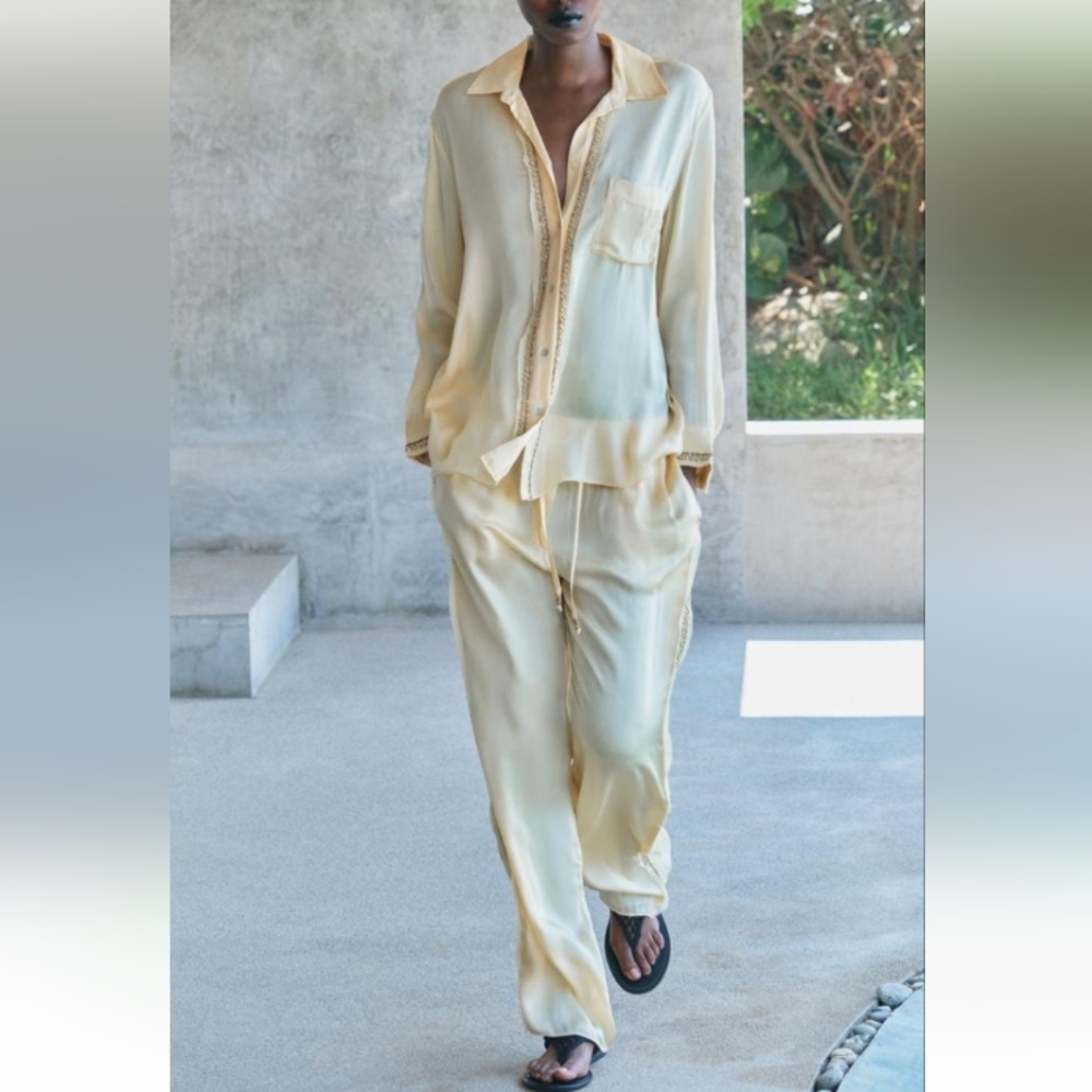 Zara ZW Collection Embroidered Satin Pants and button-Down Shirt Sz-M